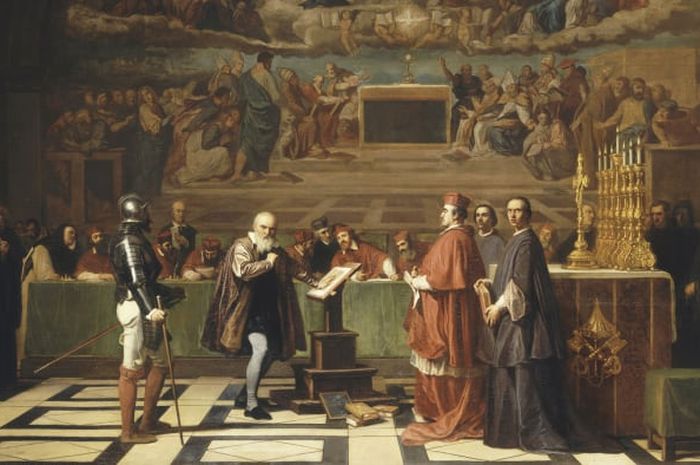 Galileo Galilei di hadapan anggota Kantor Suci di Vatikan pada tahun 1633/domain publik